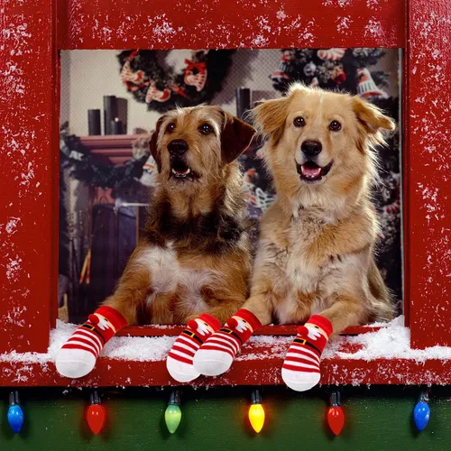 Vista 7 de Rypet 2 pares de calcetines de Navidad para perro, antideslizantes, con correas ajustables, control de tracción para interiores y suelos de madera