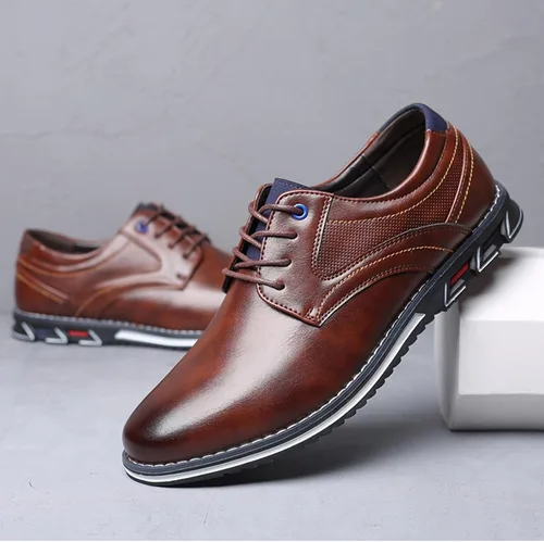 Vista 5 de Zapatos Oxford planos de cuero para hombre, zapatos casuales con cordones, zapatos de moda para caminar, negocios, oficina, fiesta, mocasines cómodos