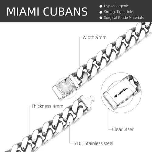 Vista 4 de CaptainSteeL Pulsera de cadena de eslabones cubanos para hombre, acero inoxidable 316L, 90.394 in de ancho, patrón de moda, botón a presión, joyería