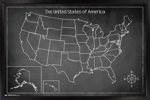 Vista 7 de Trends International Chalk Map - Póster de pared de Estados Unidos, 14.725 x 22.375 pulgadas, versión enmarcada de madera de granero Versión