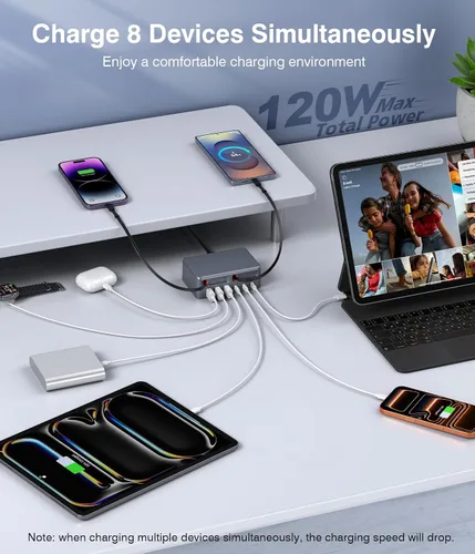 Vista 2 de Bloque de cargador USB C retráctil 8 en 1, concentrador de estación de carga múltiple GaN de 120 W con cable de iluminación y tipo C, enchufe
