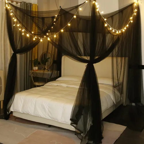 Vista 19 de Mengersi Cortinas de cama con dosel de 4 postes, mosquitero para cama tamaño Twin a Twin XL, cortinas de red para cama para camping, patio, red Negro