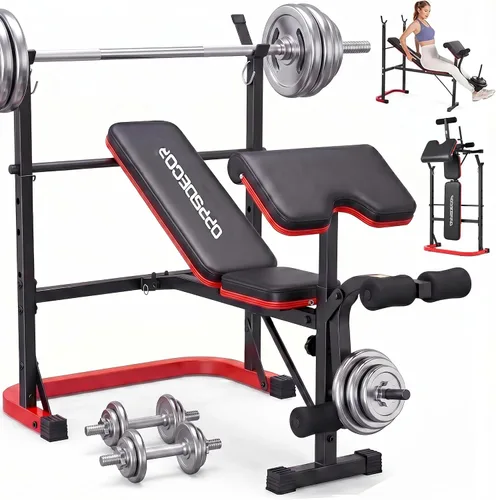 Vista 8 de OPPSDECOR Foldable Weight Bench Set with Preacher Curl Pad and Squat Rack, 660LBS Adjustable Bench Press with Leg Extension and Leg Curl, Incline