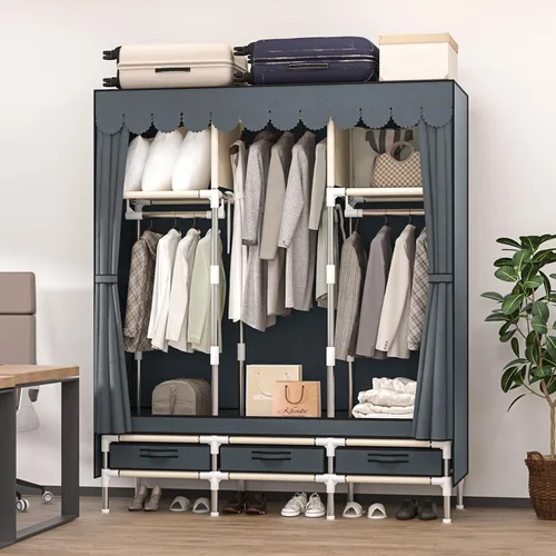 Vista 7 de Armario portátil con 3 cajones y 3 varillas para colgar, armario de tela para colgar ropa, funda gris, para ropa, ropa de cama, 51 pulgadas de ancho