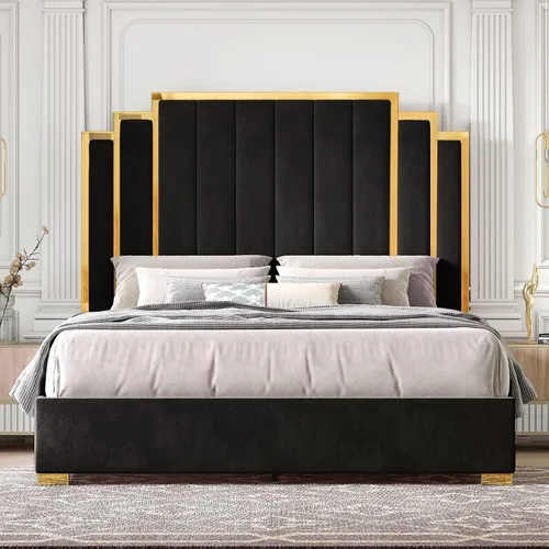 Vista 14 de HOWE Base de cama tapizada tamaño Queen de 61 pulgadas con borde chapado en Negro