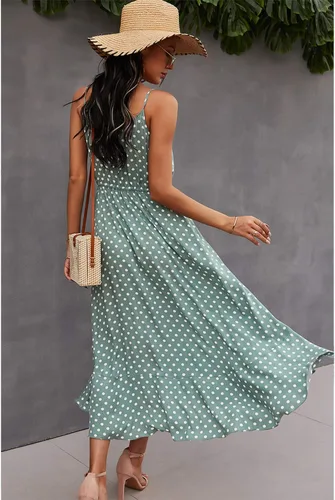 Vista 3 de BROVAVE - Vestido de verano 2023 para mujer, diseño informal, bohemio, con lunares, tirantes delgados, cuello en V, holgado y de largo por debajo