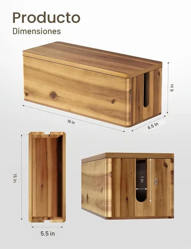 Vista 2 de Caja de gestión de cables de madera de acacia TIDITA con borde redondo - Caja organizadora de cables de madera de 40.6 cm de largo para ocultar