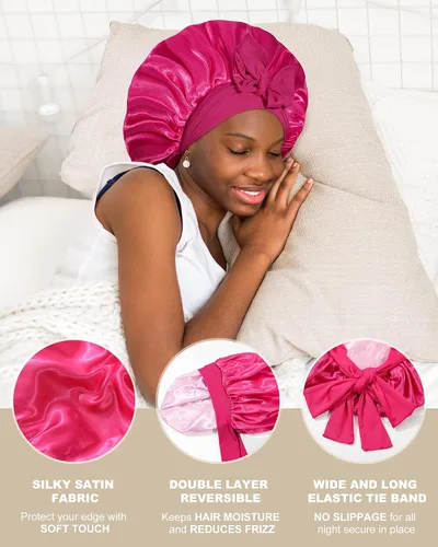 Vista 4 de Gorro de satén para mujer, gorro de seda para dormir, gorro de pelo rizado con banda de corbata, doble capa para dormir, envoltura para el cabello
