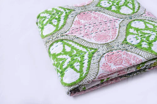 Vista 3 de Colcha Kantha de algodón con estampado de bloques de mano india, tamaño individual, 90 x 60 pulgadas