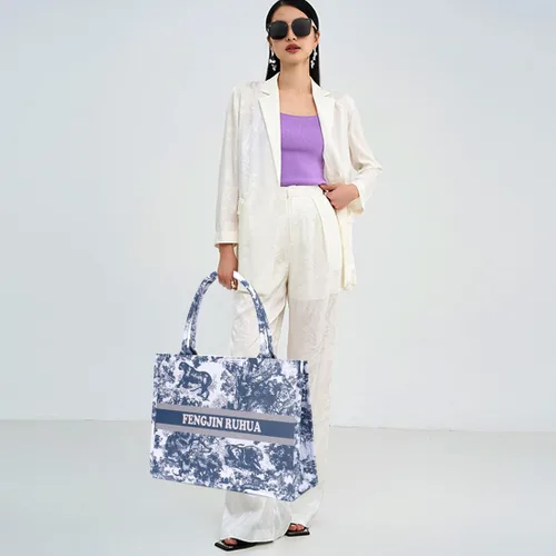 Vista 5 de FENGJINRUHUA Bolso de mano pintado de lujo grande de moda para mujer, bolsos de hombro de cuero, bordado de capacidad, bolso retro exquisito