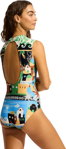 Vista 4 de Seafolly Traje de baño de una pieza con espalda abierta y manga casquillo para mujer