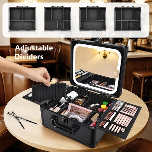 Vista 3 de Faquenc Estuche de maquillaje con espejo iluminado magnético, caja organizadora de maquillaje, estuche de cosméticos de viaje con espejo LED de 3