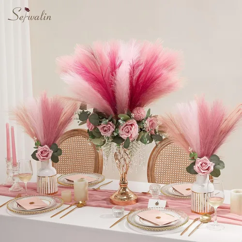 Vista 4 de Serwalin Decoración de zacate de las pampas rosa intenso, rosa rubor y rosa, 17.7 pulgadas 6 piezas de zacate de las pampas sintético, zacate A Abby