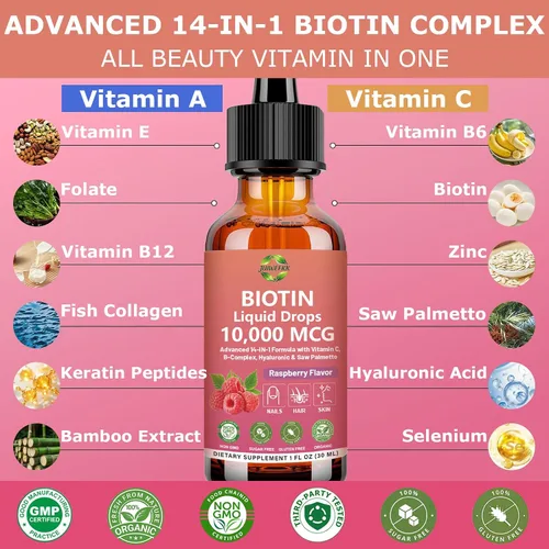 Vista 2 de Pure Biotin 10000mcg Liquid Drop Cabello Piel Y Uñas Vitaminas Apoyo