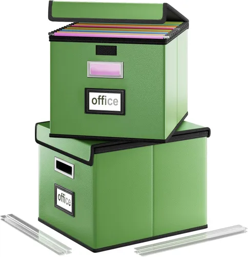 Vista 60 de Caja organizadora de archivos Huolewa con tapa, caja organizadora de carpetas de archivos colgantes de cuero sintético plegable con deslizadores