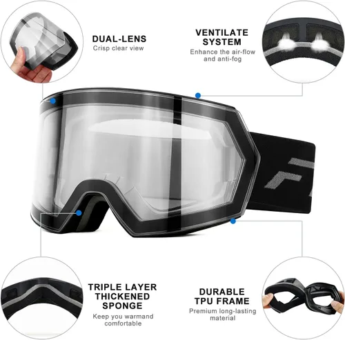 Vista 4 de FMY - Gafas de esquí para hombres, mujeres y jóvenes - Gafas de snowboard y esquí con protección antivaho UV400 para adultos