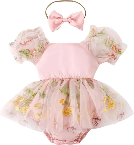 Vista 7 de IDOPIP Conjunto de 2 piezas para bebé recién nacido, con diadema, bordado de flores, tutú, princesa, fiesta de cumpleaños, conjunto de ropa