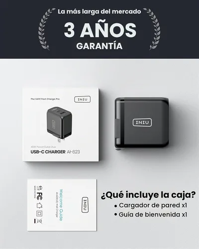 Vista 8 de Cargador USB C, INIU de 2 puertos y 45 W, cargador súper rápido tipo C, mini cargador de pared PD PPS USB C plegable de GaN Tech para Samsung Galaxy