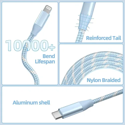 Vista 4 de MenoSupp Paquete de 3 cables USB C a Lightning de 6 pies de carga rápida para iPhone de carga rápida tipo C a Lightning para iPhone 14 13 12 11 Pro