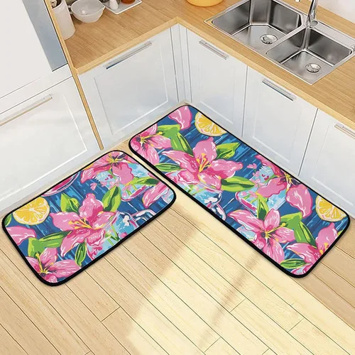 Vista 12 de Juego de 2 tapetes de cocina con rosas rojas, color rojo rosa, suave, antifatiga, juego de tapetes de cocina color negro con flores antideslizantes