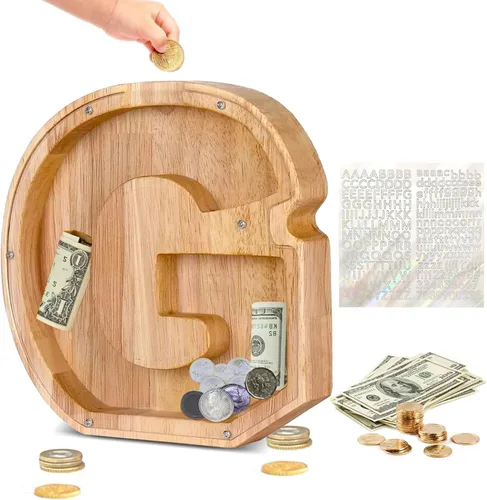 Vista 32 de Alcancía de Madera Personalizada con Letras del Alfabeto, Banco de Monedas con Letras del Alfabeto para Niños, Niñas y Bebés, Tamaño Grande, 26