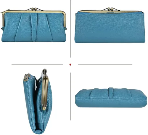 Vista 4 de Billetera de cuero suave para mujer, compacta plegable RFID, monedero con cremallera y cierre de beso