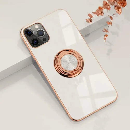 Vista 45 de Compatible con iPhone 11 Kickstand, anillo de rotación de 360 grados integrado con borde de oro rosa brillante que funciona con soporte magnético