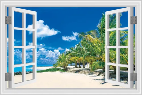 Vista 11 de FLFK Calcomanía de pared falsa para ventana, diseño de vista tropical del océano para despegar y pegar, 24 x 16 pulgadas
