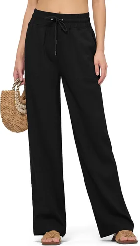Vista 20 de Willit Pantalones de lino para mujer, pantalones palazzo de pierna ancha Khaki - Actualización