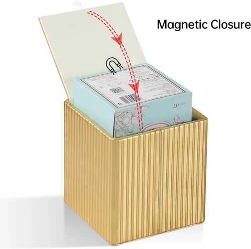 Vista 6 de Funda de Caja de Paños de Cuero PU Cuadrada, Soporte de Caja de Paños Rectangular con Cierre Magnético, Soporte de Paños Decorativo para Baño Dorado