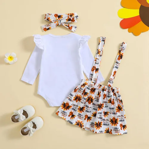 Vista 3 de Ovmxqso My First Thanksgiving Baby Girl Outfits - Mameluco de manga larga con tirantes, falda de pavo y diadema con lazo