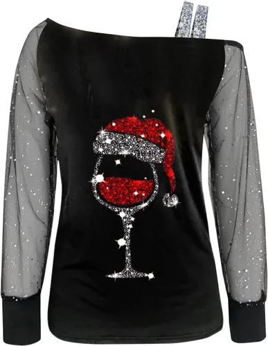 Vista 2 de Camiseta de manga larga con estampado brillante para mujer, con estampado brillante, manga larga, con hombros descubiertos, blusa con brillantina