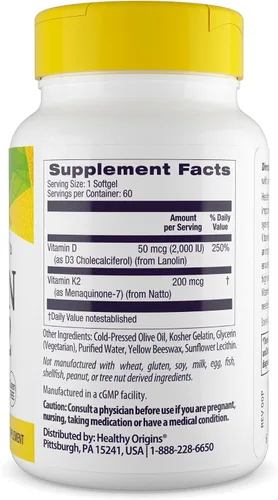 Vista 2 de Healthy Origins Vitamina D3 y K2 – Vitamina D3, 50 mcg – Vitamina K2, 200 mcg – Suplementos de vitamina D y vitamina K fácilmente absorbibles