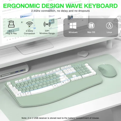 Vista 2 de Combo de teclado y mouse inalámbricos, teclas de onda ergonómicas 2.4G