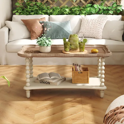 Vista 5 de Function Home - Mesa de centro de granja, mesa rústica blanca de estilo francés con estante de almacenamiento, mesas de centro de madera para sala