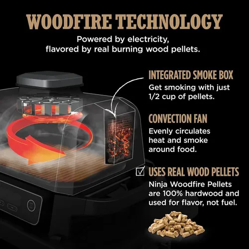 Vista 2 de Ninja OG701 Woodfire - Parrilla y ahumador para exteriores, parrilla principal 7 en 1, ahumador de barbacoa, freidora de aire más hornear, asar