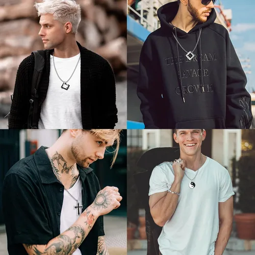 Vista 6 de FIASASO Juego de 12 collares con dije de acero inoxidable para hombre, collar gótico genial, cruz gótica, placa de perro Yin Yang, triangular, juego
