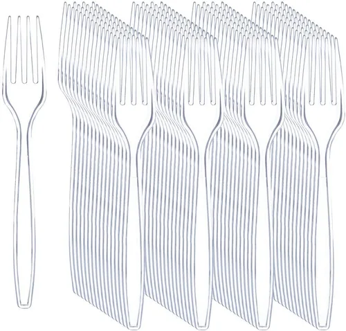 Vista 12 de 360 piezas de cubiertos de plástico transparente resistente, 150 tenedores, 150 cucharas, 60 cuchillos, libres de BPA, resistentes al calor, juego