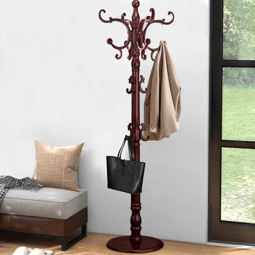 Vista 9 de Perchero independiente, árbol de madera con base redonda estable, perchero resistente vintage con 14 ganchos, perchero para dormitorio, oficina