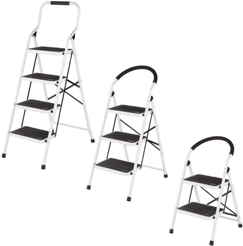 Vista 6 de LivingSURE Combo de taburete de escalera de 3 escalones con asa, taburete plegable antideslizante, escalera de pedal extra ancha resistente