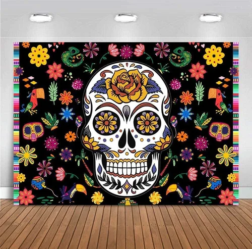 Vista 2 de Fondo de fotografía para fiesta mexicana, carnaval, festival, fotografía, suministros de cabina de fotos, vinilo de 7 x 5 pies, Día de los Muertos