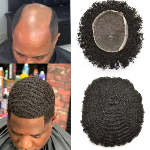 Vista 14 de Afro Toupee Hair Piece para hombres negros Encaje suizo completo Afro Hombres Toupee cabello humano rizado hombres onda unidades de cabello