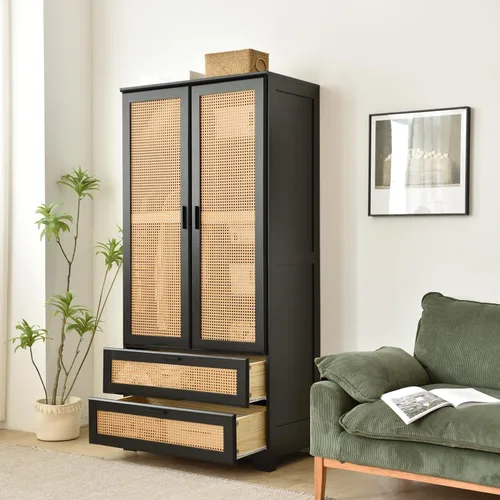 Vista 5 de Armario de madera de pino con puertas de ratán y dos cajones (negro)