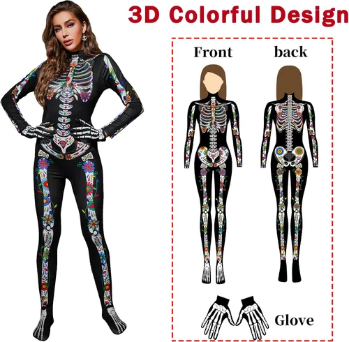 Vista 5 de 3D Skeleton Costume Adult Women, Skeleton Halloween for Costumes Women Dia De Los Muertos Costume Woman