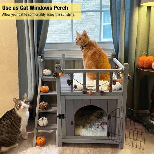 Vista 4 de Aivituvin Casa para gatos al aire libre con puerta de alambre con cerradura, refugio de madera para perros, condominio para interiores con balcón