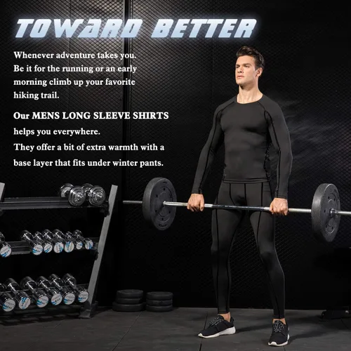 Vista 7 de Camisas de compresión para hombre, manga larga, capa base, secado rápido, camisetas de entrenamiento para deportes y correr