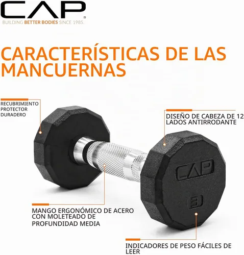 Vista 3 de CAP Mancuernas con revestimiento de goma, pesas libres para entrenamiento de fuerza en el gimnasio en casa, mancuernas hexagonales antideslizantes