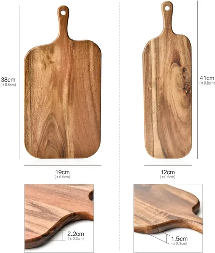 Vista 4 de BILL.F Tabla de cortar de madera de acacia con mango Tabla de madera para charcutería, tabla de queso para cocina, carne, pizza, queso, pan