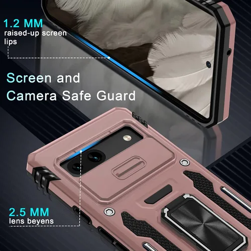 Vista 5 de DEERLAMN Funda para Google Pixel 7a con Cubierta Deslizante para Cámara + Protector de Pantalla (2 Paquetes), Soporte de Anillo Giratorio de Grado