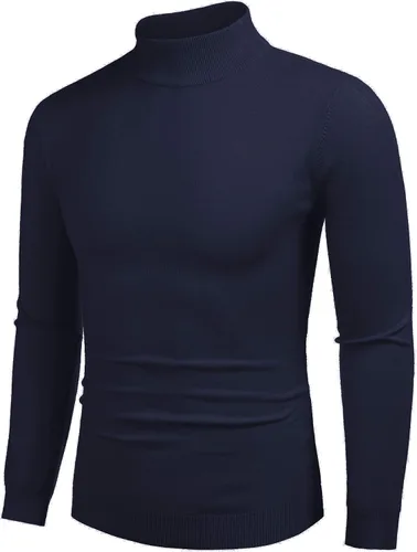 Vista 21 de COOFANDY Suéter de cuello alto falso para hombre, ajuste delgado, informal, básico, suéter térmico de punto 01-Negro